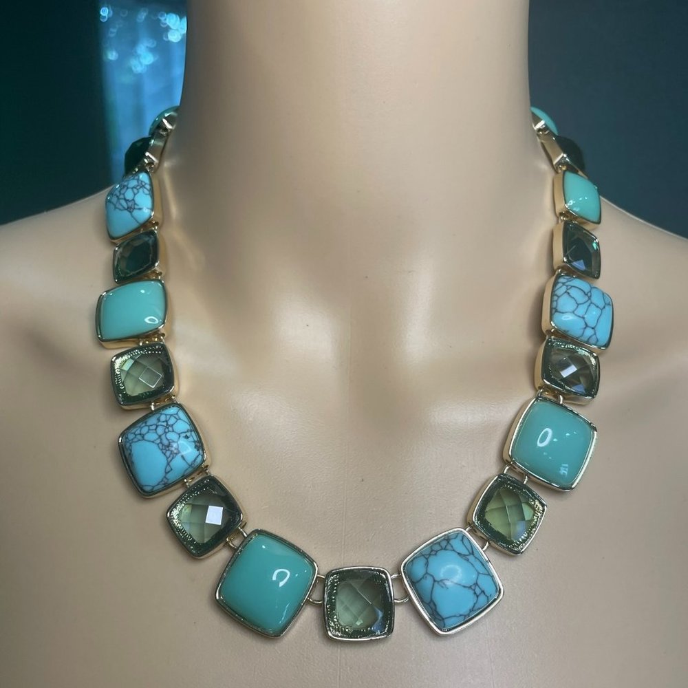Gold Turquoise and green crystals Necklace, bracelet and earrings